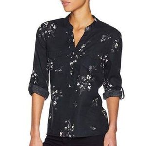 Black floral half button up shirt blouse
